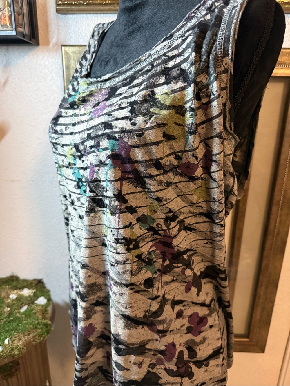 Abstract Paint Splatter Striped Tank Top Ruched Side Drawstring - Picture 6 of 9